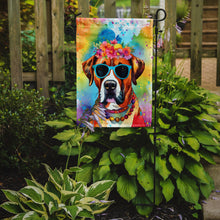 Load image into Gallery viewer, Boxer Hippie Dawg Garden Flag – Retro Dog with Sunglasses &amp; Multicolored Background