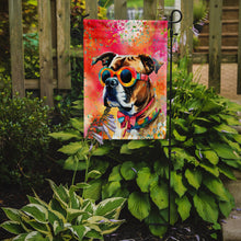 Load image into Gallery viewer, Boxer Hippie Dawg Garden Flag – Retro Dog with Sunglasses &amp; Multicolored Background