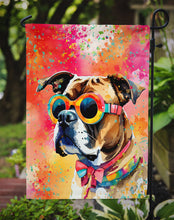 Load image into Gallery viewer, Boxer Hippie Dawg Garden Flag – Retro Dog with Sunglasses &amp; Multicolored Background