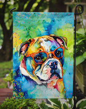 Load image into Gallery viewer, English Bulldog Hippie Dawg Garden Flag – Retro Dog with Sunglasses &amp; Multicolored Background