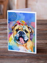 Load image into Gallery viewer, English Bulldog Hippie Dawg Greeting Cards - Blank Note Cards – 8-Pack of Artist-Designed Cards with Envelopes