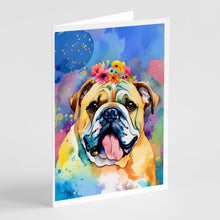 Load image into Gallery viewer, English Bulldog Hippie Dawg Greeting Cards - Blank Note Cards – 8-Pack of Artist-Designed Cards with Envelopes