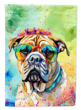 Load image into Gallery viewer, Bullmastiff Hippie Dawg Garden Flag – Retro Dog with Sunglasses &amp; Multicolored Background