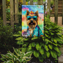 Load image into Gallery viewer, Cairn Terrier Hippie Dawg Garden Flag – Retro Dog with Sunglasses &amp; Multicolored Background