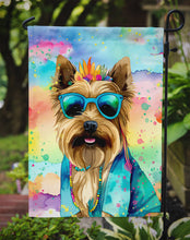 Load image into Gallery viewer, Cairn Terrier Hippie Dawg Garden Flag – Retro Dog with Sunglasses &amp; Multicolored Background