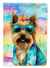 Load image into Gallery viewer, Cairn Terrier Hippie Dawg Garden Flag – Retro Dog with Sunglasses &amp; Multicolored Background