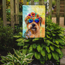 Load image into Gallery viewer, Cairn Terrier Hippie Dawg Garden Flag – Retro Dog with Sunglasses &amp; Multicolored Background