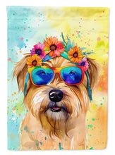 Load image into Gallery viewer, Cairn Terrier Hippie Dawg Garden Flag – Retro Dog with Sunglasses &amp; Multicolored Background