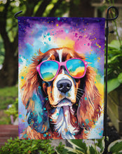 Load image into Gallery viewer, Cavalier Spaniel Hippie Dawg Garden Flag – Retro Dog with Sunglasses &amp; Multicolored Background