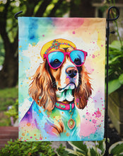 Load image into Gallery viewer, Cavalier Spaniel Hippie Dawg Garden Flag – Retro Dog with Sunglasses &amp; Multicolored Background