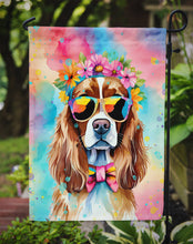 Load image into Gallery viewer, Cavalier Spaniel Hippie Dawg Garden Flag – Retro Dog with Sunglasses &amp; Multicolored Background