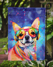 Load image into Gallery viewer, Chihuahua Hippie Dawg Garden Flag – Retro Dog with Sunglasses &amp; Multicolored Background