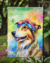 Load image into Gallery viewer, Collie Hippie Dawg Garden Flag – Retro Dog with Sunglasses &amp; Multicolored Background
