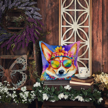 Load image into Gallery viewer, Corgi Hippie Dawg Throw Pillow - 14x14 Decorative Pillow – Art for Your Home &amp; Patio