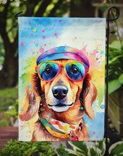 Load image into Gallery viewer, Dachshund Hippie Dawg Garden Flag – Retro Dog with Sunglasses &amp; Multicolored Background