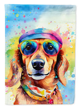 Load image into Gallery viewer, Dachshund Hippie Dawg Garden Flag – Retro Dog with Sunglasses &amp; Multicolored Background