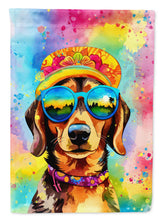 Load image into Gallery viewer, Dachshund Hippie Dawg Garden Flag – Retro Dog with Sunglasses &amp; Multicolored Background