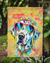 Load image into Gallery viewer, Dalmatian Hippie Dawg Garden Flag – Retro Dog with Sunglasses &amp; Multicolored Background