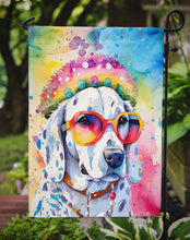 Load image into Gallery viewer, Dalmatian Hippie Dawg Garden Flag – Retro Dog with Sunglasses &amp; Multicolored Background