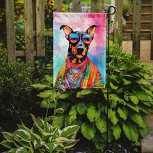 Load image into Gallery viewer, Doberman Pinscher Hippie Dawg Garden Flag – Retro Dog with Sunglasses &amp; Multicolored Background