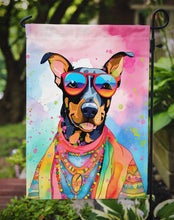 Load image into Gallery viewer, Doberman Pinscher Hippie Dawg Garden Flag – Retro Dog with Sunglasses &amp; Multicolored Background