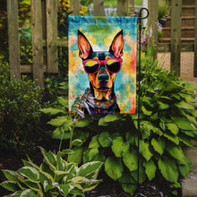 Load image into Gallery viewer, Doberman Pinscher Hippie Dawg Garden Flag – Retro Dog with Sunglasses &amp; Multicolored Background