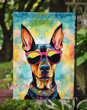 Load image into Gallery viewer, Doberman Pinscher Hippie Dawg Garden Flag – Retro Dog with Sunglasses &amp; Multicolored Background