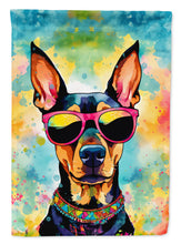 Load image into Gallery viewer, Doberman Pinscher Hippie Dawg Garden Flag – Retro Dog with Sunglasses &amp; Multicolored Background