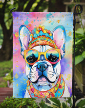 Load image into Gallery viewer, French Bulldog Hippie Dawg Garden Flag – Retro Dog with Sunglasses &amp; Multicolored Background