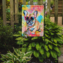 Load image into Gallery viewer, French Bulldog Hippie Dawg Garden Flag – Retro Dog with Sunglasses &amp; Multicolored Background