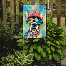 Load image into Gallery viewer, French Bulldog Hippie Dawg Garden Flag – Retro Dog with Sunglasses &amp; Multicolored Background