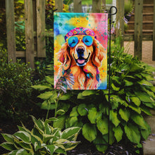 Load image into Gallery viewer, Golden Retriever Hippie Dawg Garden Flag – Retro Dog with Sunglasses &amp; Multicolored Background