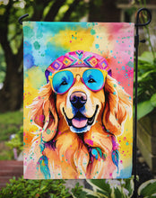 Load image into Gallery viewer, Golden Retriever Hippie Dawg Garden Flag – Retro Dog with Sunglasses &amp; Multicolored Background