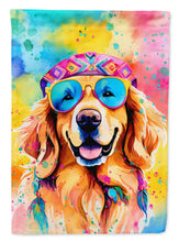 Load image into Gallery viewer, Golden Retriever Hippie Dawg Garden Flag – Retro Dog with Sunglasses &amp; Multicolored Background
