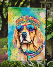 Load image into Gallery viewer, Golden Retriever Hippie Dawg Garden Flag – Retro Dog with Sunglasses &amp; Multicolored Background