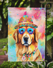 Load image into Gallery viewer, Golden Retriever Hippie Dawg Garden Flag – Retro Dog with Sunglasses &amp; Multicolored Background
