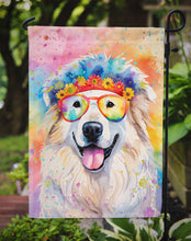 Load image into Gallery viewer, Great Pyrenees Hippie Dawg Garden Flag – Retro Dog with Sunglasses &amp; Multicolored Background