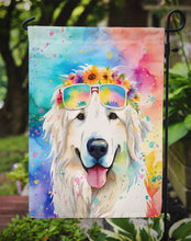 Load image into Gallery viewer, Great Pyrenees Hippie Dawg Garden Flag – Retro Dog with Sunglasses &amp; Multicolored Background