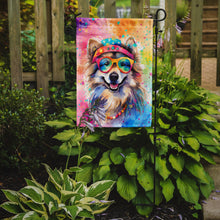 Load image into Gallery viewer, Keeshond Hippie Dawg Garden Flag – Retro Dog with Sunglasses &amp; Multicolored Background