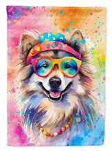Load image into Gallery viewer, Keeshond Hippie Dawg Garden Flag – Retro Dog with Sunglasses &amp; Multicolored Background