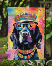 Load image into Gallery viewer, Black Labrador Hippie Dawg Garden Flag – Retro Dog with Sunglasses &amp; Multicolored Background
