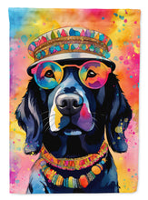 Load image into Gallery viewer, Black Labrador Hippie Dawg Garden Flag – Retro Dog with Sunglasses &amp; Multicolored Background