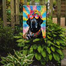 Load image into Gallery viewer, Black Labrador Hippie Dawg Garden Flag – Retro Dog with Sunglasses &amp; Multicolored Background