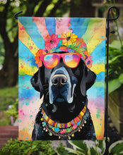 Load image into Gallery viewer, Black Labrador Hippie Dawg Garden Flag – Retro Dog with Sunglasses &amp; Multicolored Background