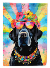 Load image into Gallery viewer, Black Labrador Hippie Dawg Garden Flag – Retro Dog with Sunglasses &amp; Multicolored Background