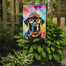 Load image into Gallery viewer, Black Labrador Hippie Dawg Garden Flag – Retro Dog with Sunglasses &amp; Multicolored Background