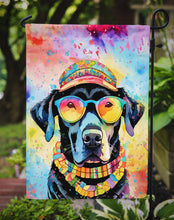 Load image into Gallery viewer, Black Labrador Hippie Dawg Garden Flag – Retro Dog with Sunglasses &amp; Multicolored Background