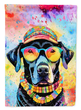 Load image into Gallery viewer, Black Labrador Hippie Dawg Garden Flag – Retro Dog with Sunglasses &amp; Multicolored Background
