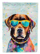 Load image into Gallery viewer, Chocolate Labrador Hippie Dawg Garden Flag – Retro Dog with Sunglasses &amp; Multicolored Background