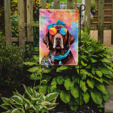 Load image into Gallery viewer, Chocolate Labrador Hippie Dawg Garden Flag – Retro Dog with Sunglasses &amp; Multicolored Background
